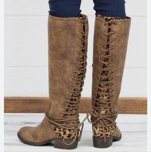 Brown Suede Leather Like Back Lace Up Side Zip Tall Boots Womens 8.5 Western